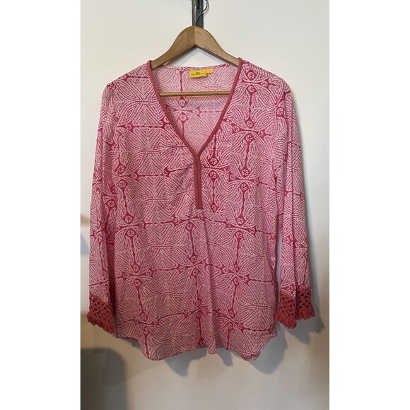 Roberta Roller Rabbit Pink White V Neck Long Sleeve Lightweight Blouse S… - Picture 1 of 10